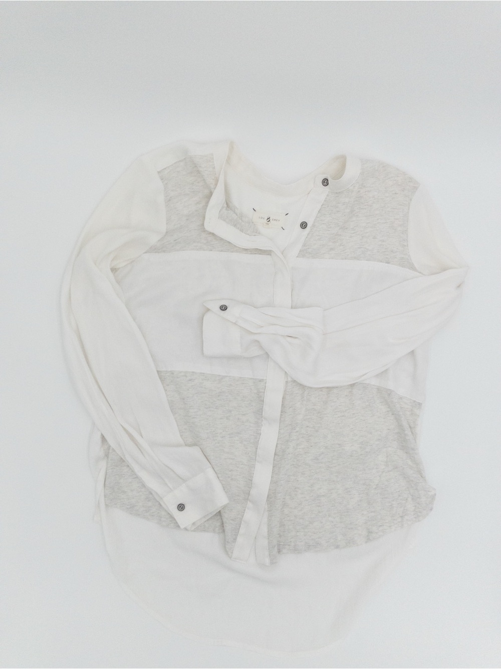 Lou & Grey White Mixed Media Button Front Long Sleeve Blouse XS